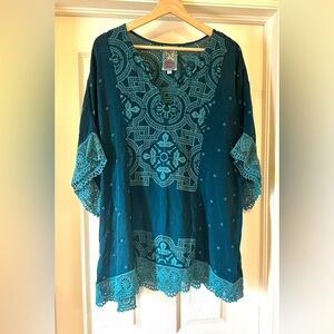 Johnny Was turquoise blouse with lace, embroidery, and eyelet detail